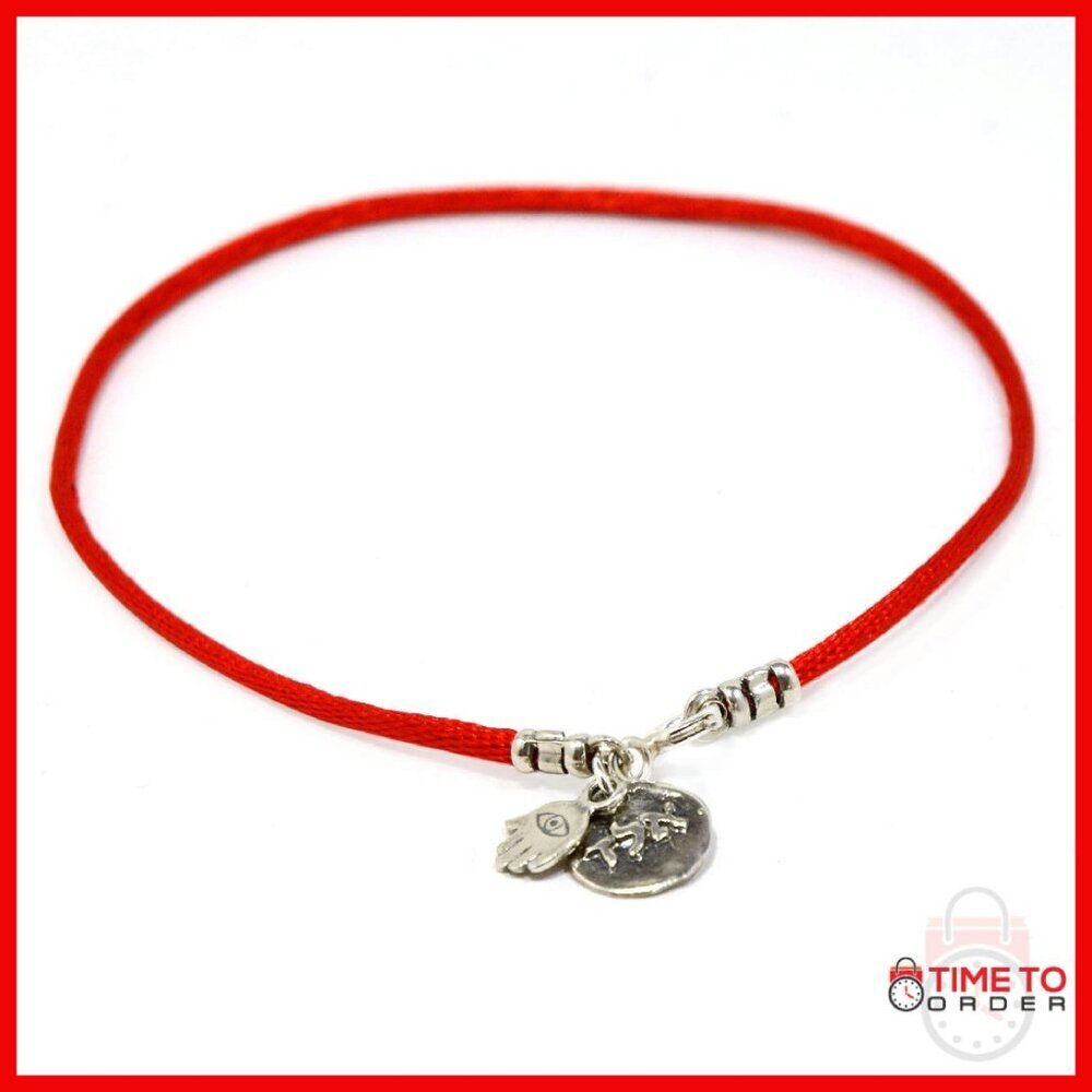Sterling Silver Hamsa Evil Eye Protection Anklet 9.5" Silk String